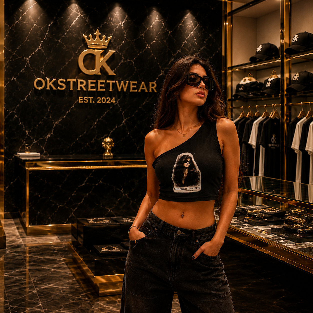 OKSTREETWEAR – Midnight Saints One-Shoulder Crop