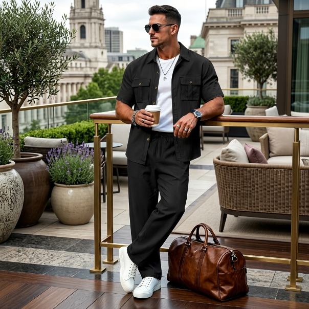 Atlas Linen-Blend Utility Resort Set in Black – front view, utility shirt and relaxed trousers

