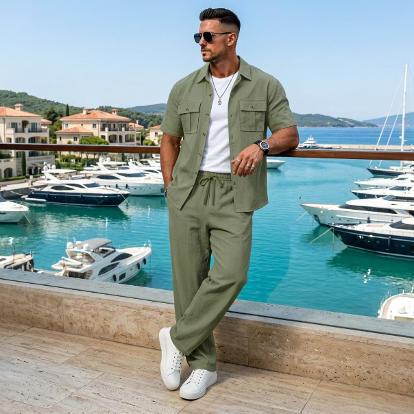 Atlas Linen-Blend Utility Resort Set in Green – front view, utility shirt and relaxed trousers

