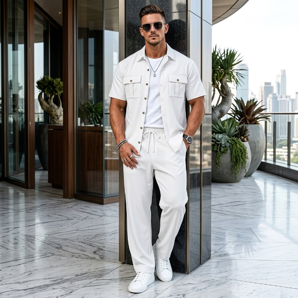 Atlas Linen-Blend Utility Resort Set in White – front view, utility shirt and relaxed trousers

