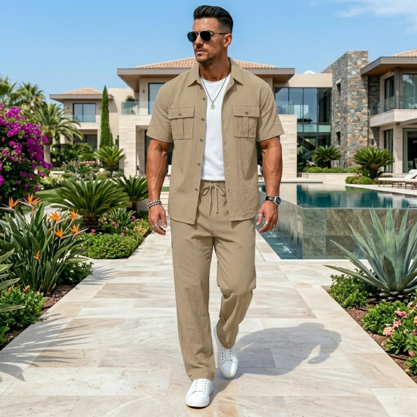 Atlas Linen-Blend Utility Resort Set in Beige – front view, utility shirt and relaxed trousers

