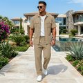 Atlas Linen-Blend Utility Resort Set in Beige – front view, utility shirt and relaxed trousers

