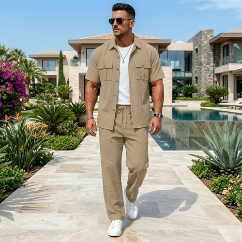Atlas Linen-Blend Utility Resort Set in Beige – front view, utility shirt and relaxed trousers

