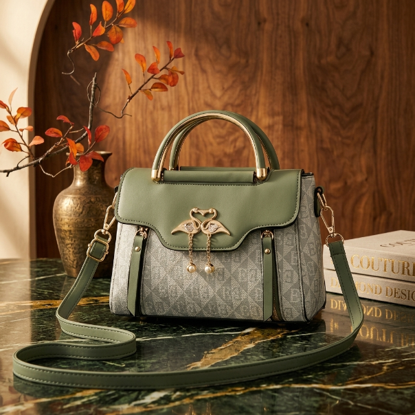 Green handbag with floral design on a reflective surface with a wooden background