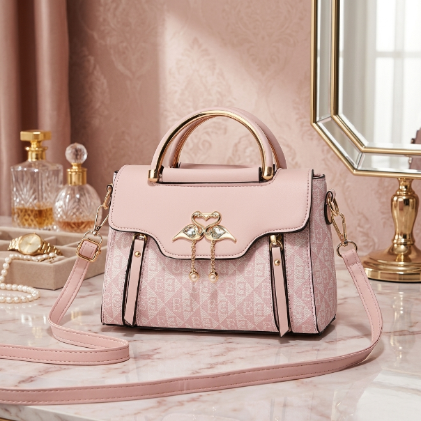 Pink handbag with gold accents on a marble surface with decorative items.