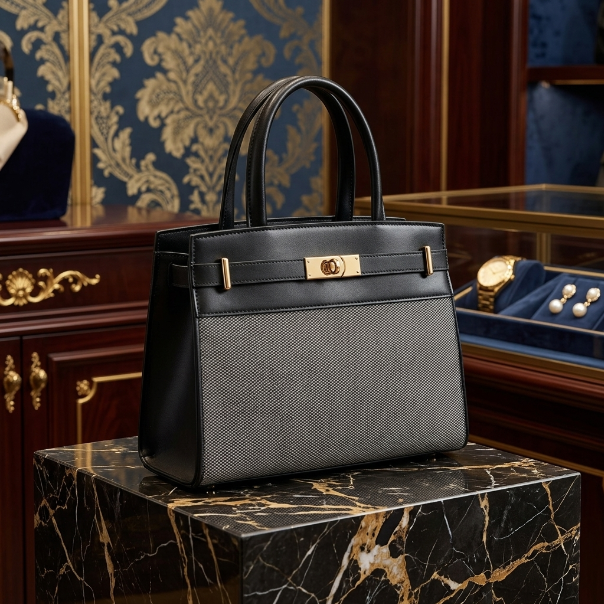 Black handbag with gold accents on a marble surface with decorative background