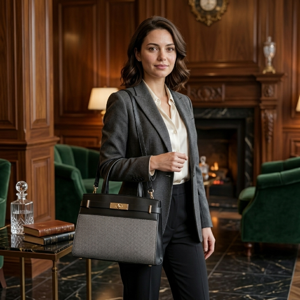 Woman in formal attire holding a handbag in an elegant room with wooden paneling and a fireplace.