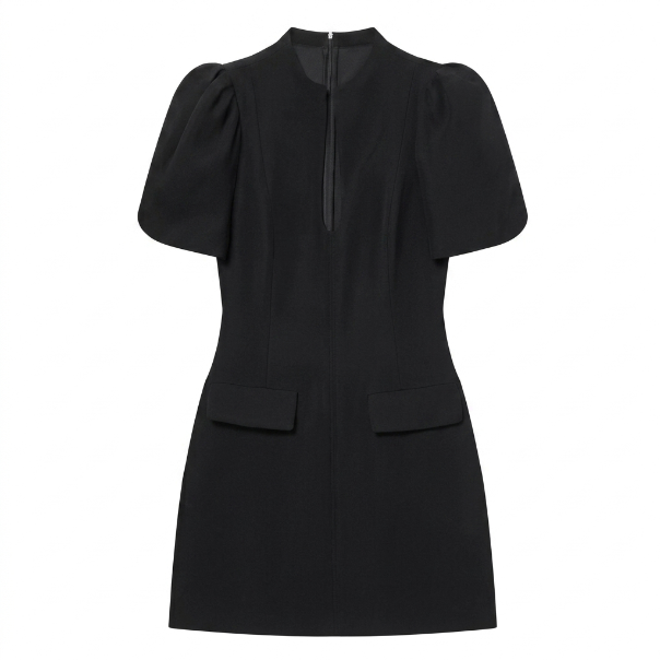 Amara Retro Puff-Sleeve Mini Dress in Black – front view
