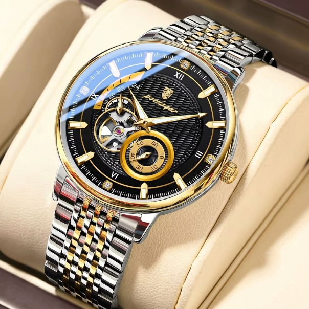 Luxury watch with a detailed face and two-tone metal strap on a beige cushion.