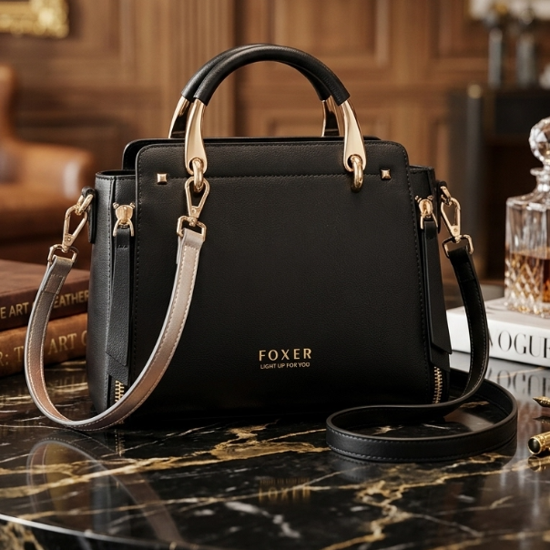Black handbag with gold accents on a marble surface, brand 'FOXER' visible