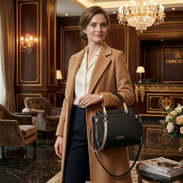 Woman in a stylish outfit holding a black handbag in an elegant interior setting.
