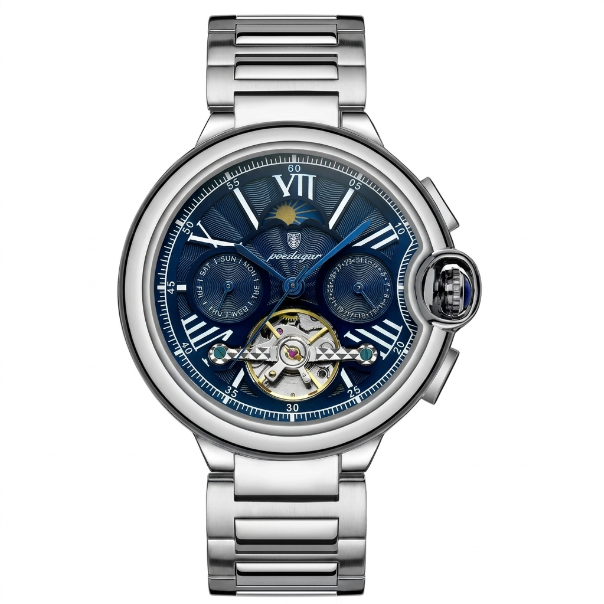 Luxury watch with blue dial and silver metal strap on a white background