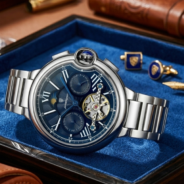 Luxury watch with intricate design on a blue cushion, surrounded by cufflinks and a pen.