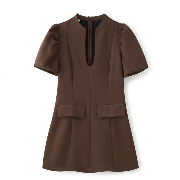  Amara Retro Puff-Sleeve Mini Dress in Brown – front view
