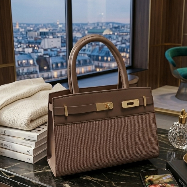 Brown handbag on a marble surface with a cityscape view through a window.