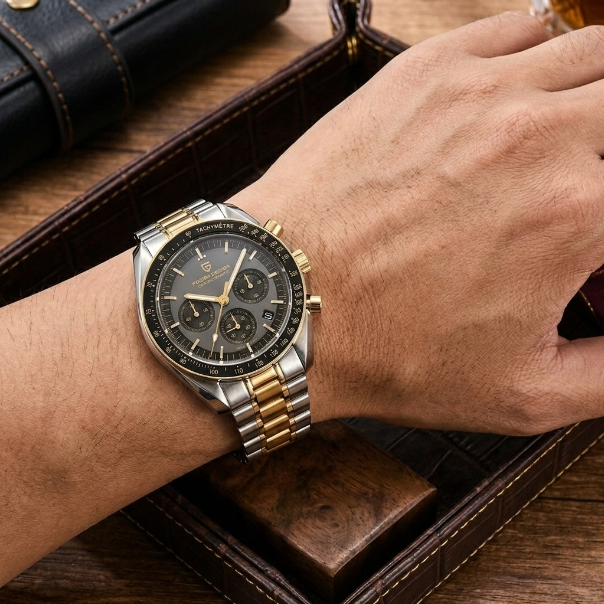 Close-up of a wrist wearing a silver and gold watch on a wooden surface