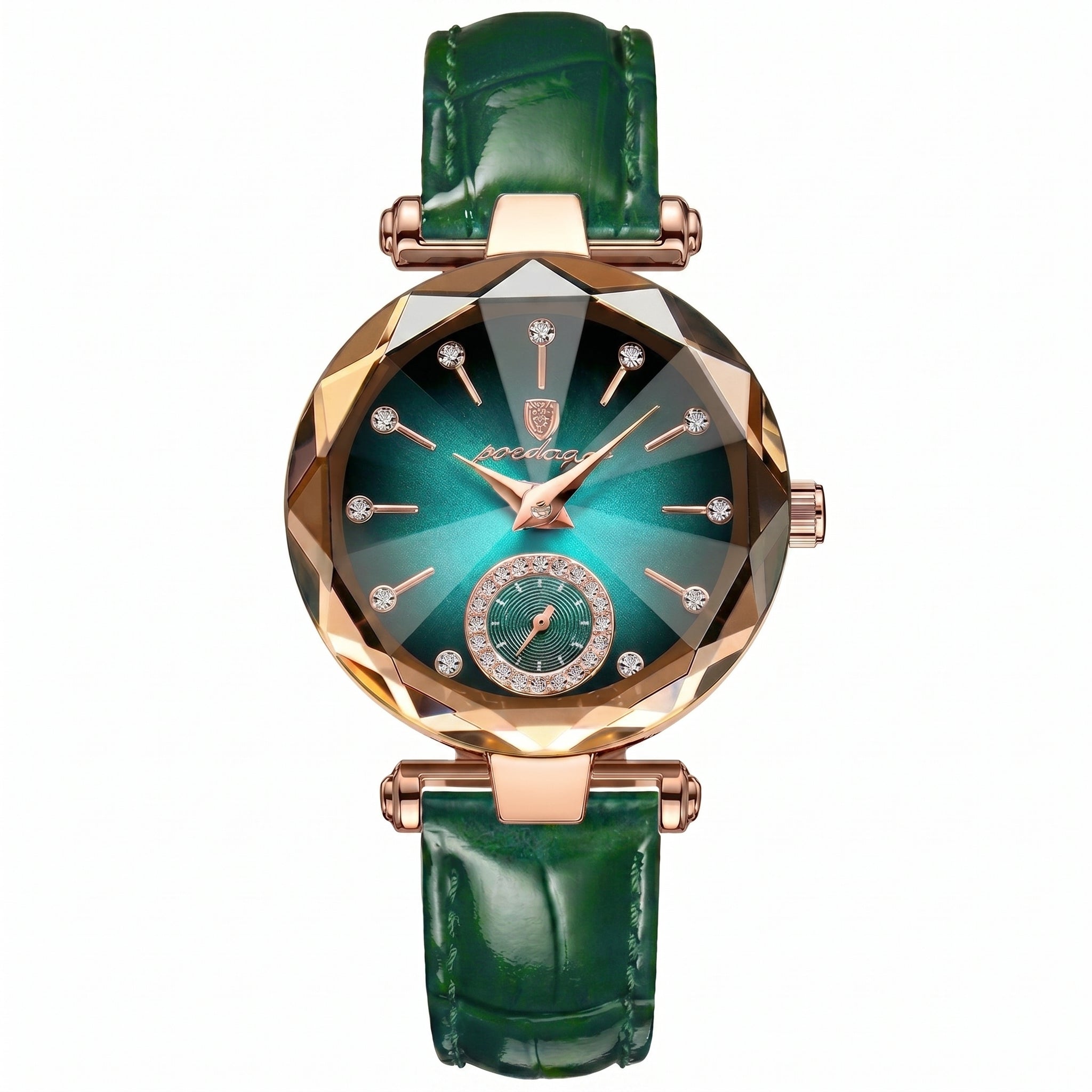 Luxury watch with green strap and rose gold accents on a white background