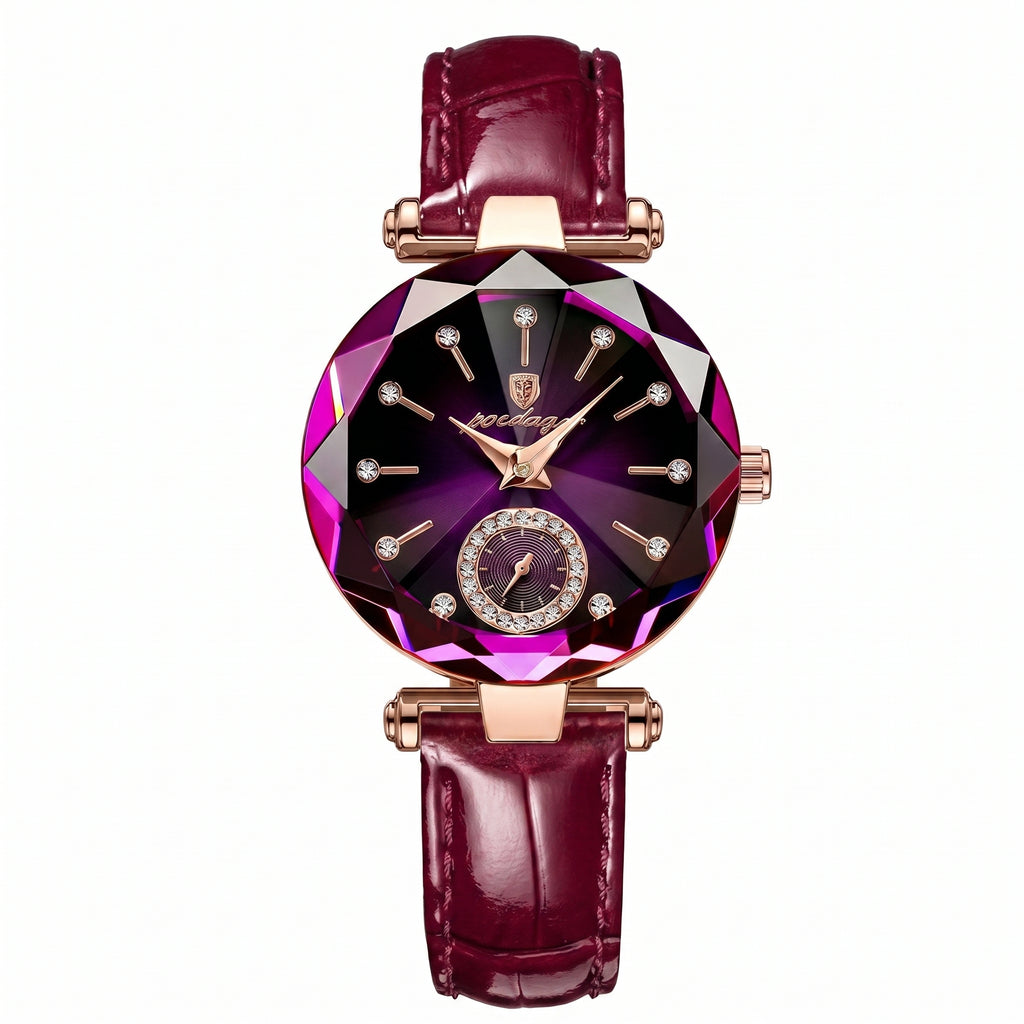 Luxury watch with a maroon leather strap and purple gemstone face on a white background