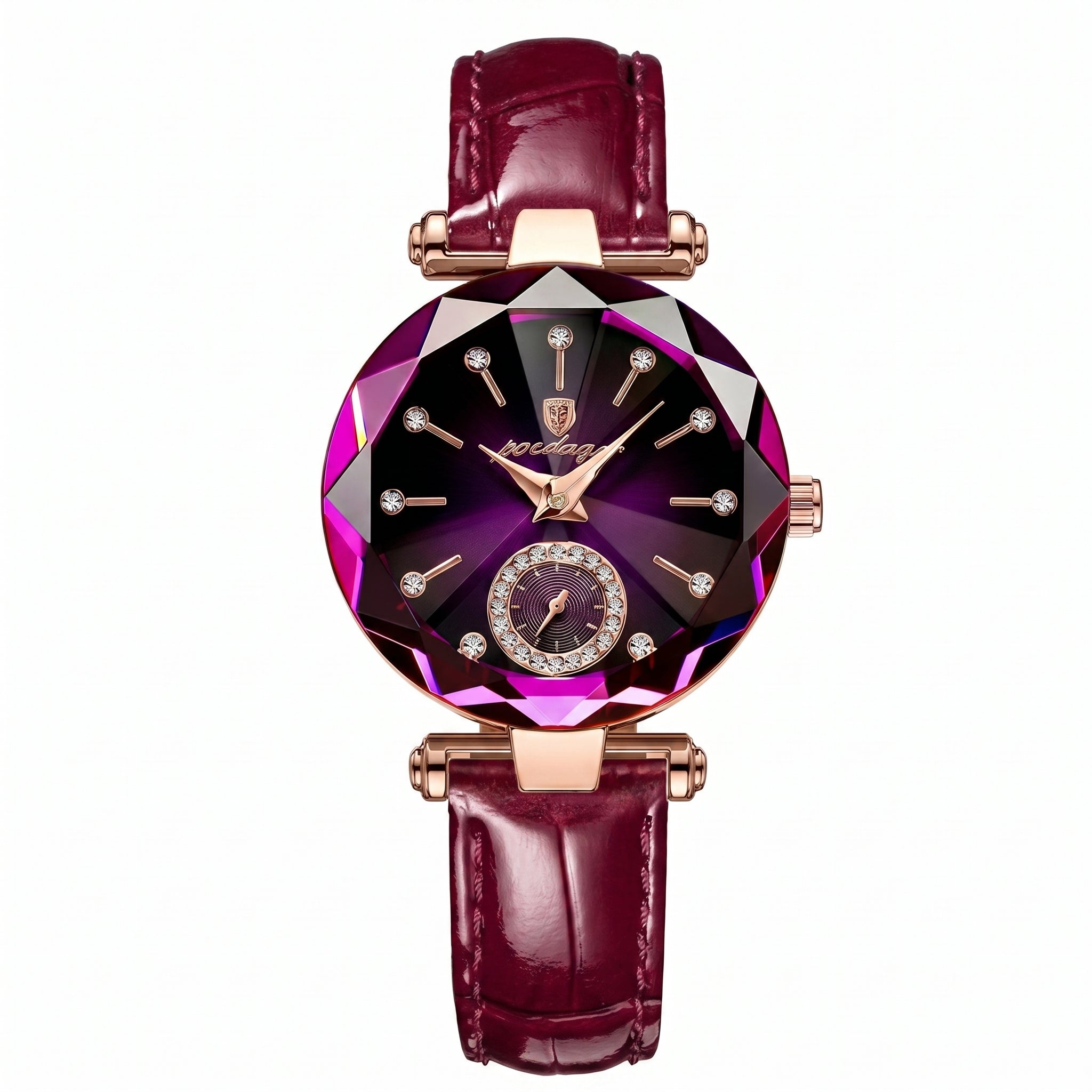 Luxury watch with a maroon leather strap and purple gemstone face on a white background