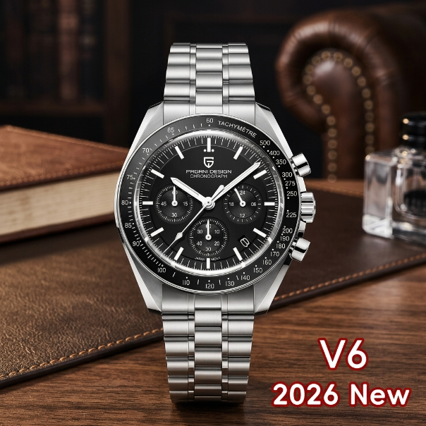 Silver watch with black dial on a wooden surface, featuring 'V6 2026 New' text.