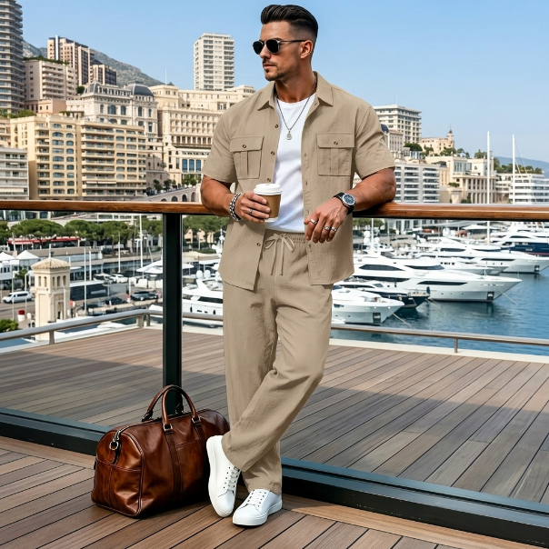 Atlas Linen-Blend Utility Resort Set in Beige – front view, utility shirt and relaxed trousers

