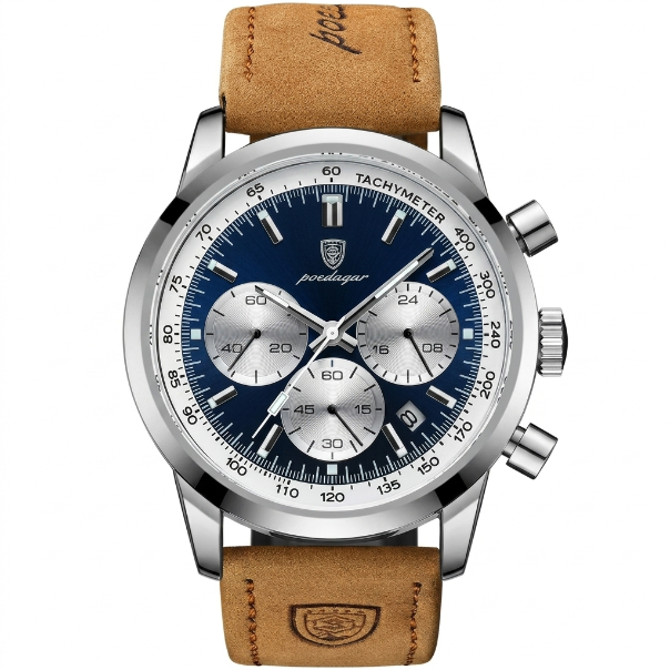 Watch with brown leather strap and blue dial on a white background