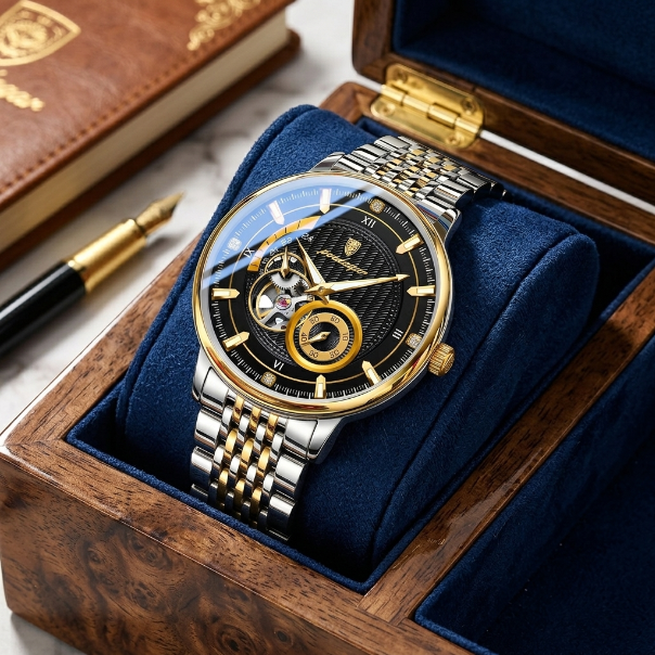 Luxury watch with gold and silver accents in a wooden box