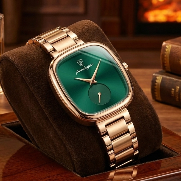 Luxury watch with green face and rose gold band on a brown cushion, with a warm background.