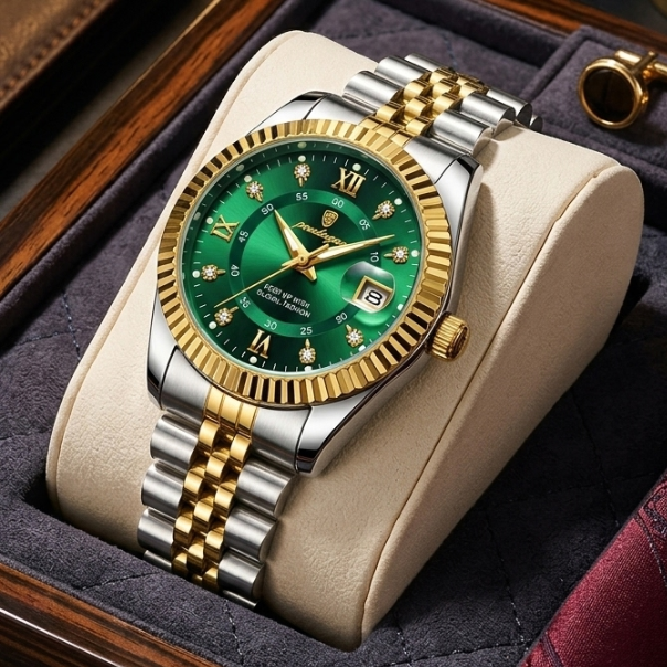 Luxury watch with green dial and gold accents in a display case