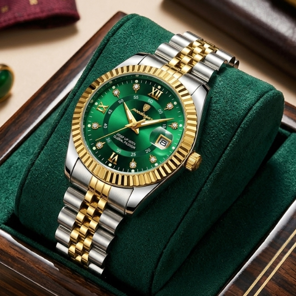 Luxury watch with green face and gold accents on a green cushion