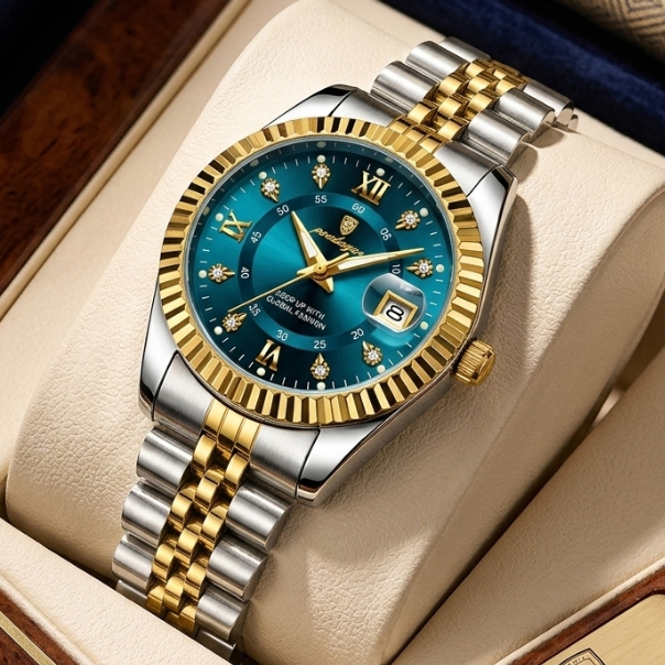 Luxury watch with blue face and gold and silver band on beige cushion