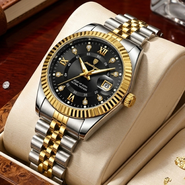 Luxury watch with gold and silver band on a beige cushion