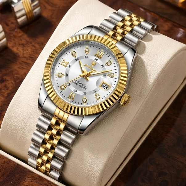 Luxury two-tone watch with silver and gold band on a wooden surface