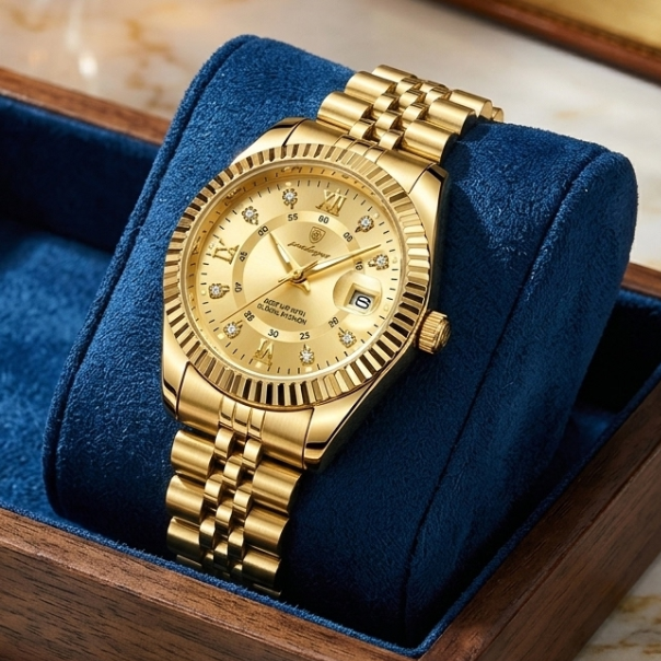 Gold wristwatch with diamond accents on a blue cushion in a wooden box