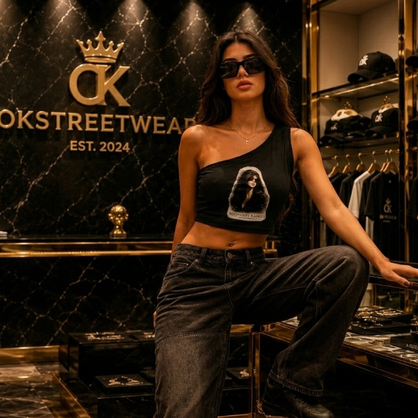 Woman posing in a stylish outfit with 'CK Streetwear' logo in the background