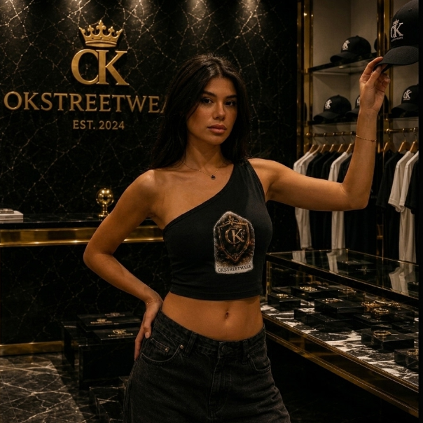 Woman in a black crop top with a brand logo in a store setting