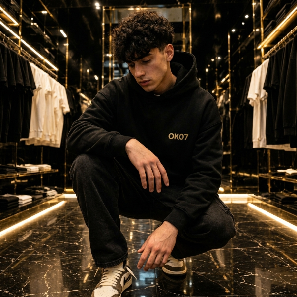 Person wearing a black hoodie with 'OK07' logo in a stylish interior setting