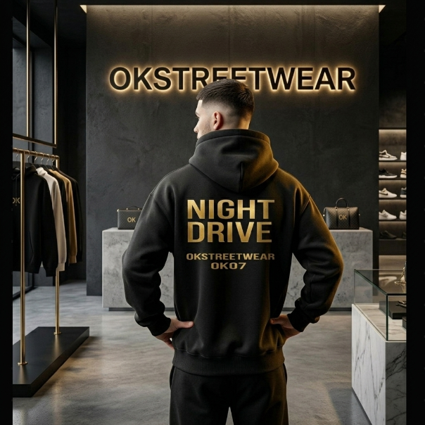 Person wearing a black hoodie with 'Night Drive' text in a store with 'OKStreetwear' branding.