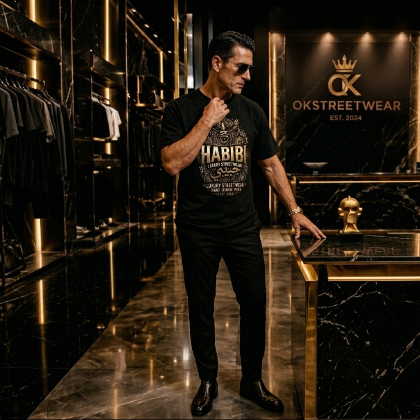 Man in a stylish store wearing a black t-shirt with 'HABIB' design, standing in front of an OK Streetwear sign.