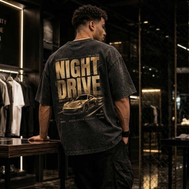 Man wearing a 'Night Drive' t-shirt with a car graphic in a store setting