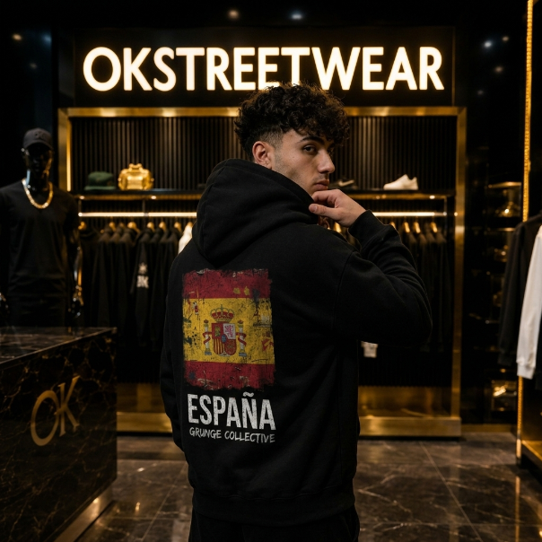 Person wearing a black hoodie with a Spanish flag design in a store with 'OKStreetwear' sign.