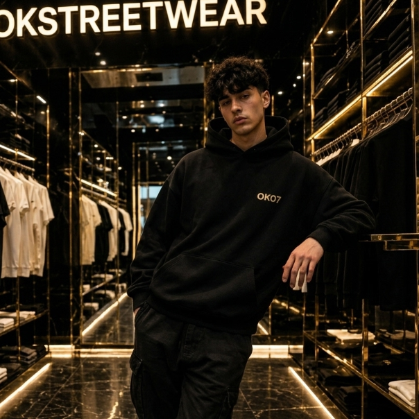 Person wearing a black hoodie with 'OK07' logo in a stylish store setting