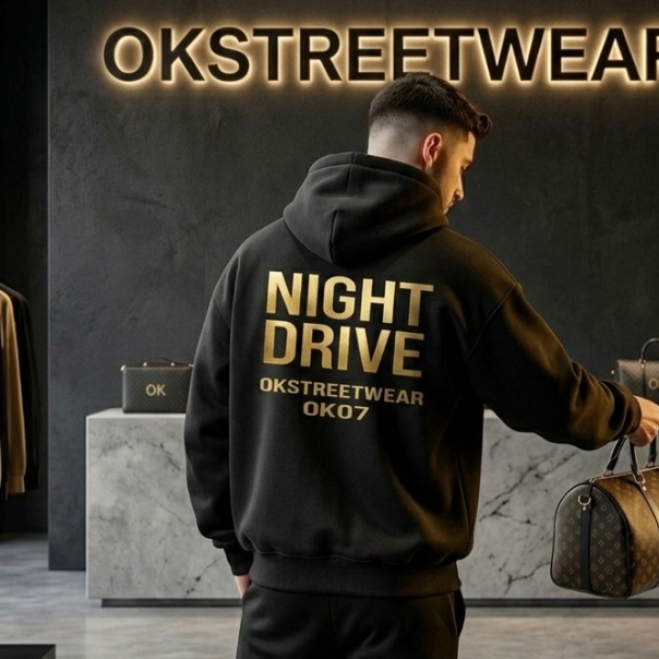 Person wearing a black hoodie with 'NIGHT DRIVE' text, standing in a modern interior setting with 'OKSTREETWEAR' branding.
