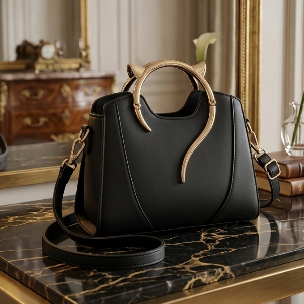 Black handbag with gold accents on a marble surface