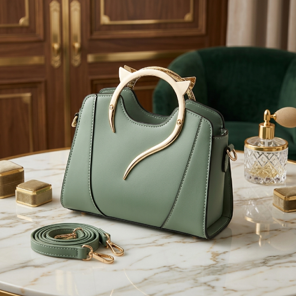 Green handbag with gold accents on a marble surface, with a background of a wooden cabinet and green sofa.