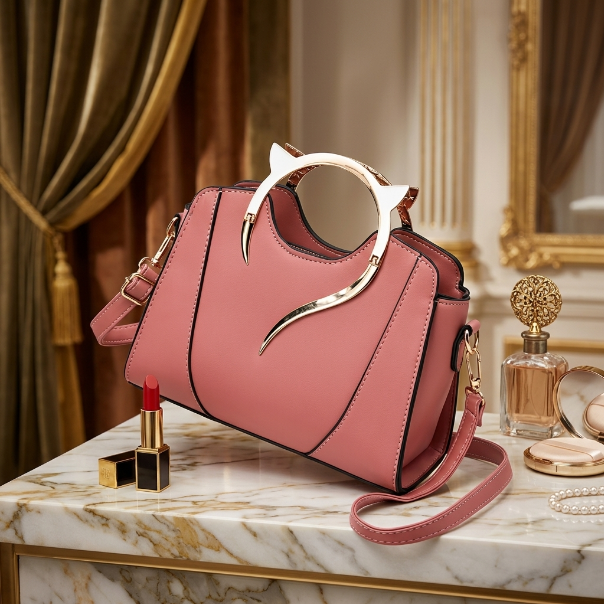 Pink handbag with gold accents on a marble surface with makeup items.