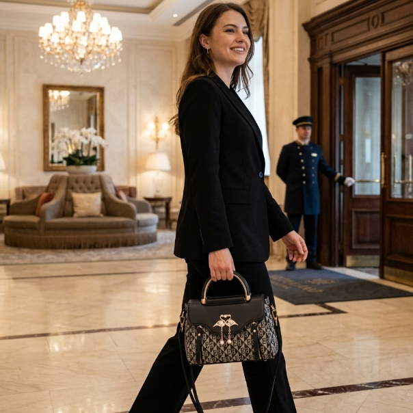 Woman in a black suit holding a patterned handbag in a luxurious hotel lobby.