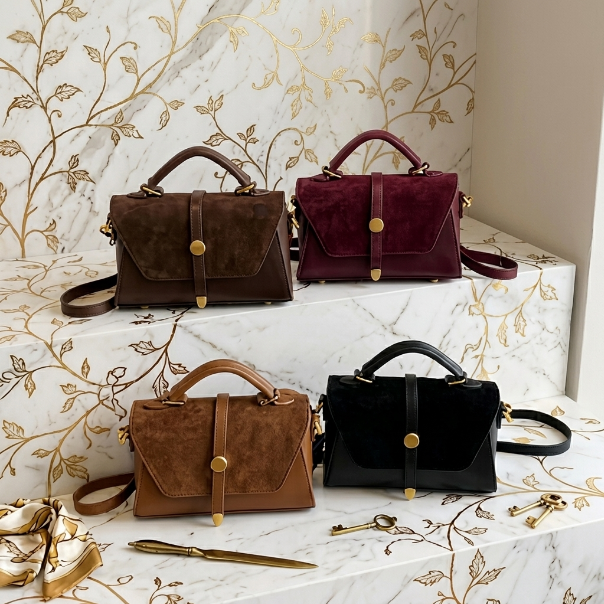 Four handbags in brown, black, and burgundy on a decorative surface with gold accents.