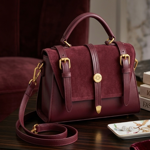 Maroon handbag with gold accents on a wooden surface