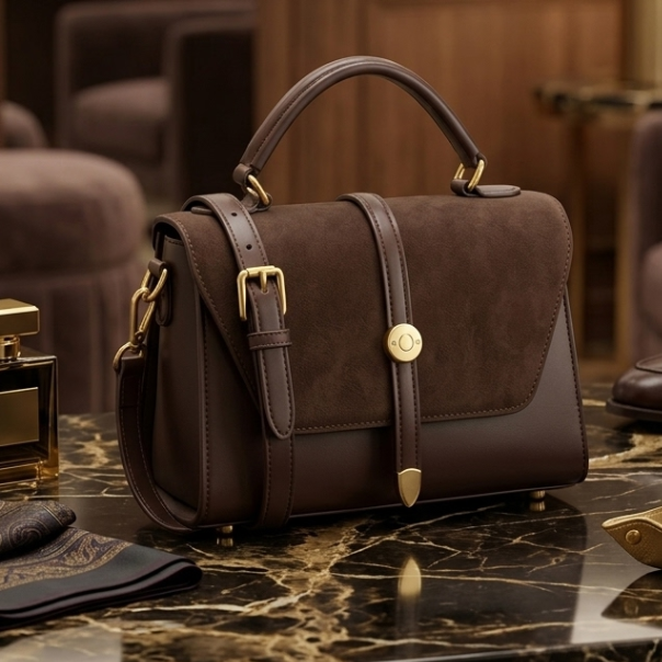 Brown leather handbag with gold accents on a marble surface